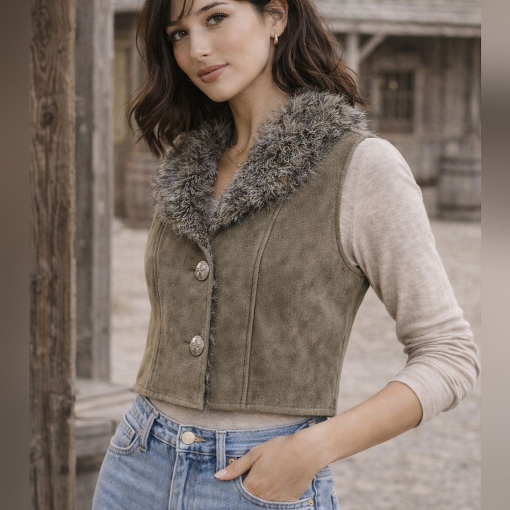 VINTAGE Deborah Murray Faux Suede Shearling Vest Button Front Size Medium